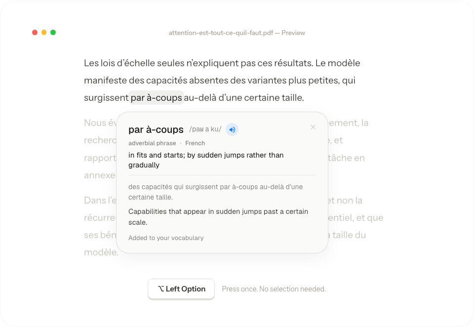 English homepage hover translation demo: point at par à-coups and tap Option to see its English meaning and sentence translation