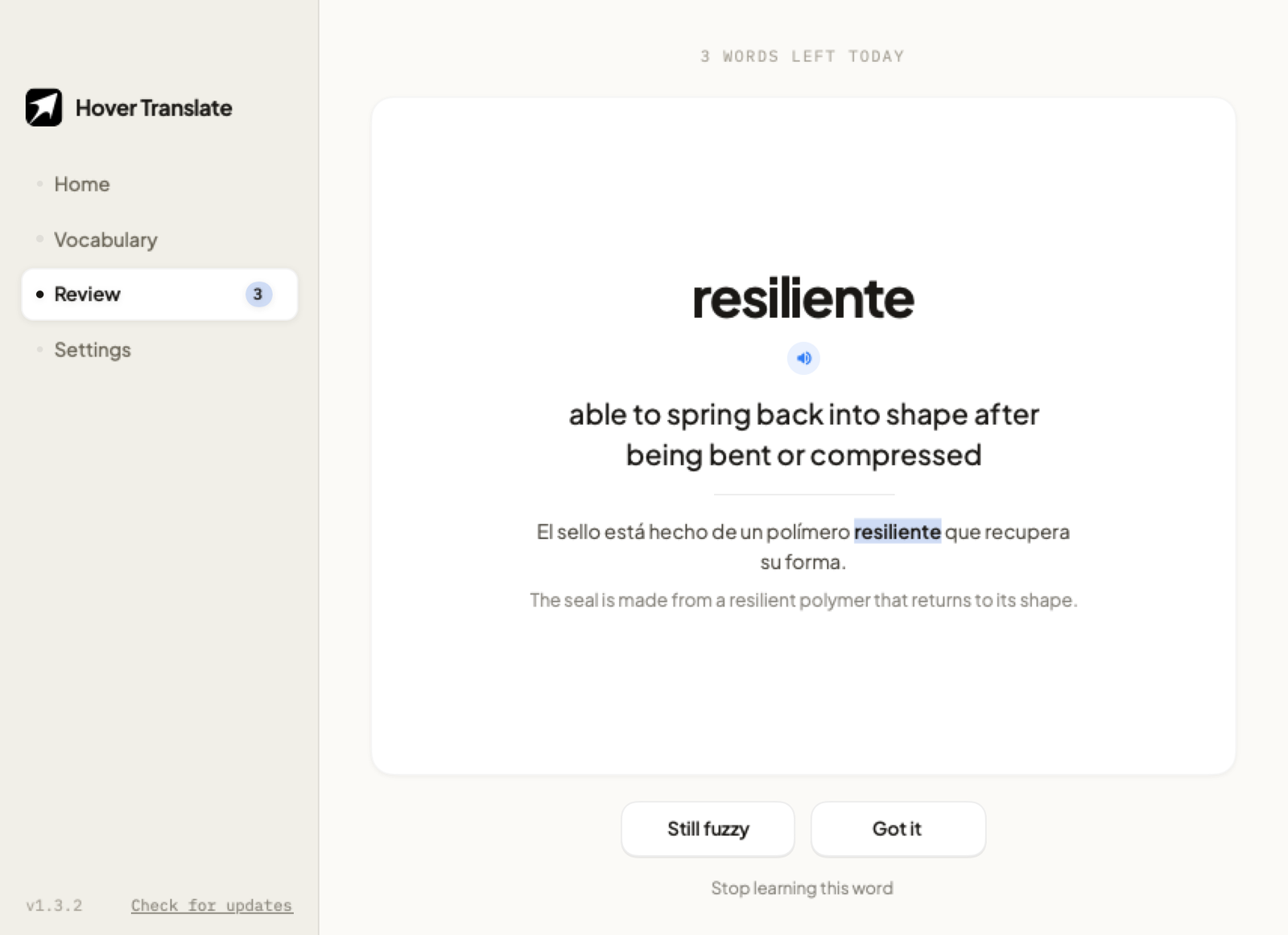 Hover Translate reviewing a saved word on an SRS schedule