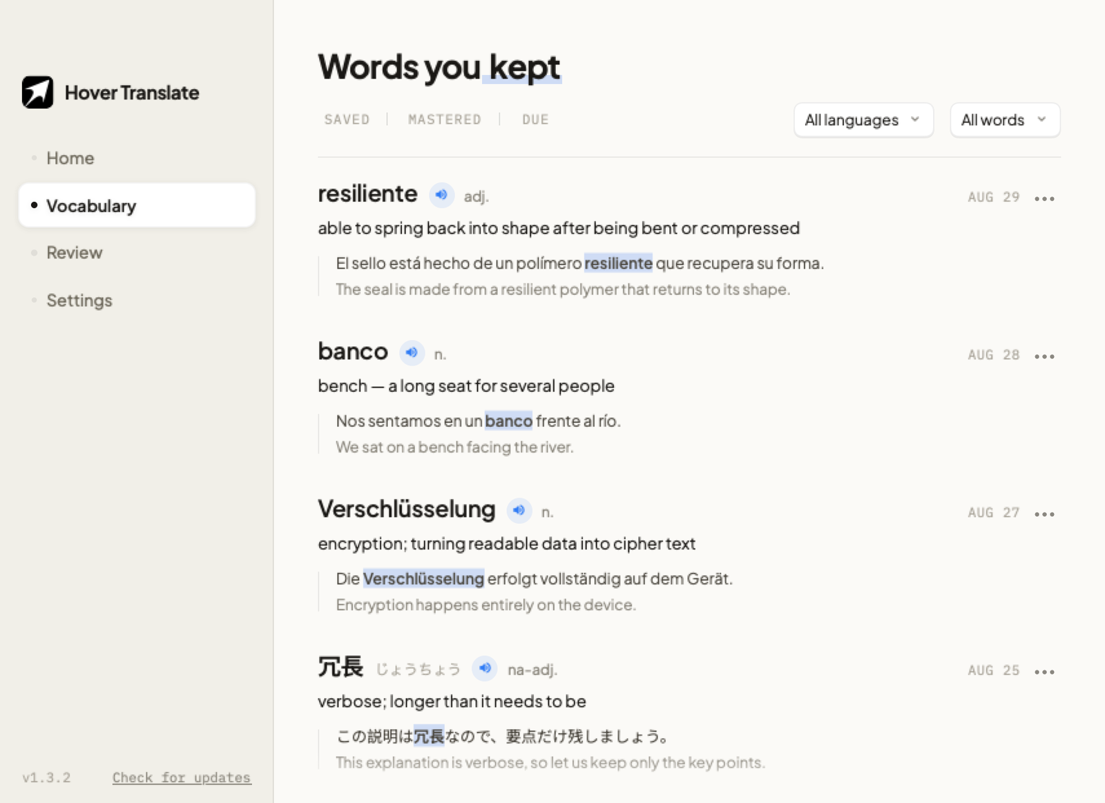 Hover Translate vocabulary, where every word keeps the sentence it came from