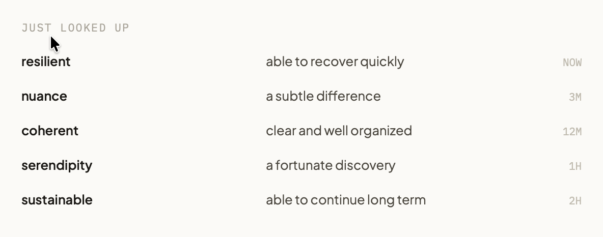 In recent lookups, hovering a row reveals a star; selecting it saves the word and its context to the vocabulary list